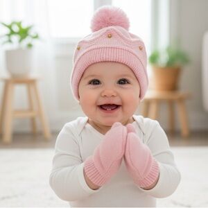 Pink Knit Crown Theme Hat and Mitten Set Size 12-24 months